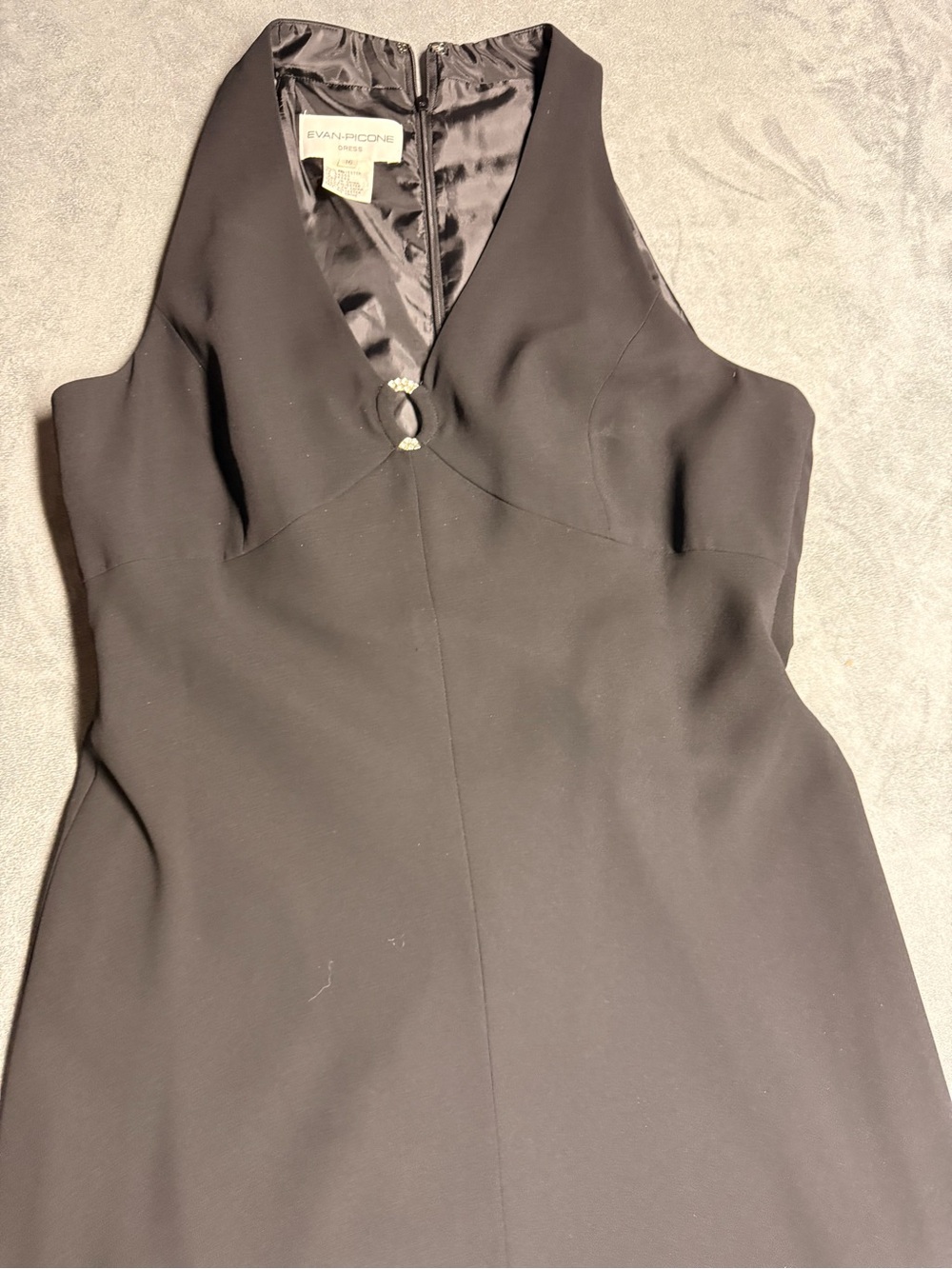 Evan Picone Black Backless V-Neck Dress with Front Ring Accent